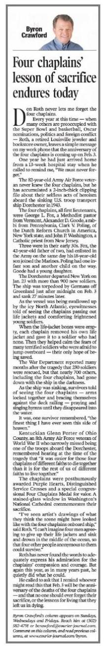 Byron Crawford Four Chaplains column
