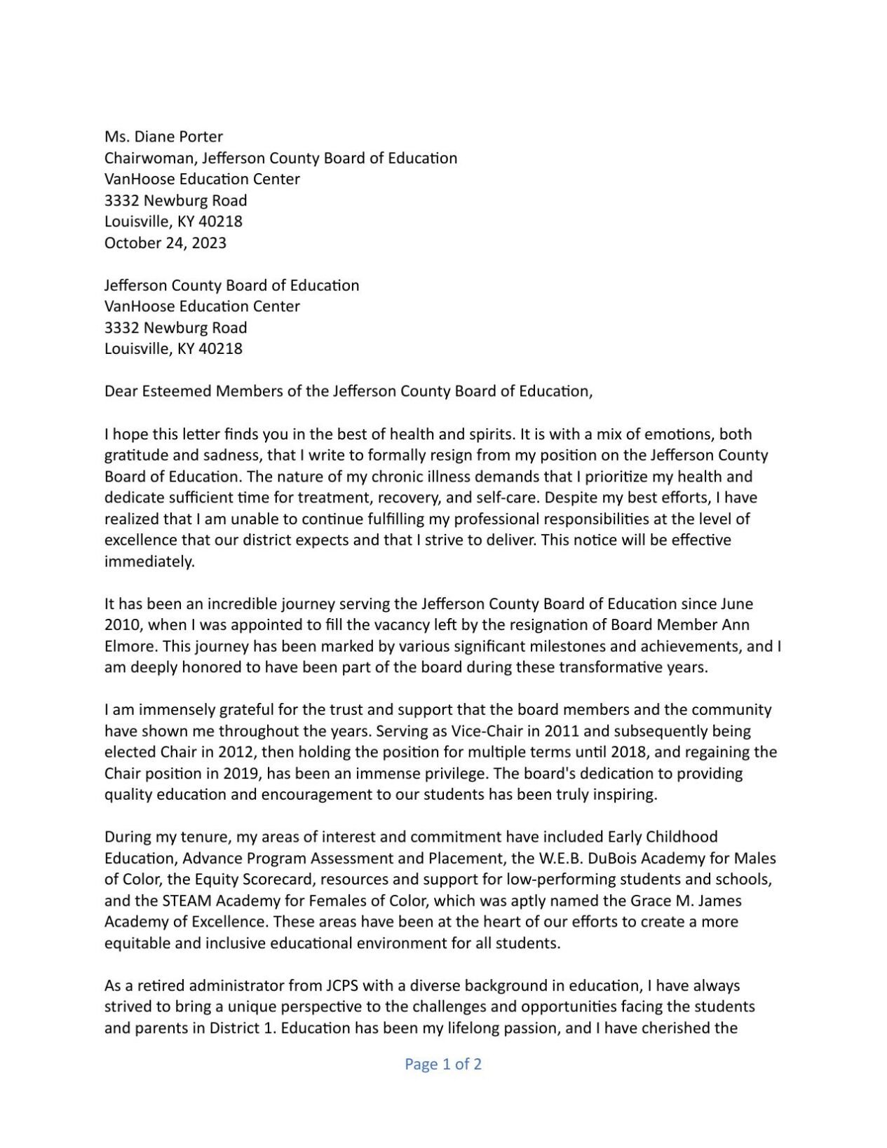 Diane Porter Resignation Letter