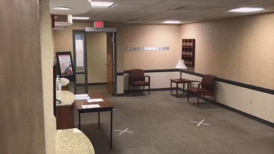 Social distancing marks on floor at U of L Physicians Neurology