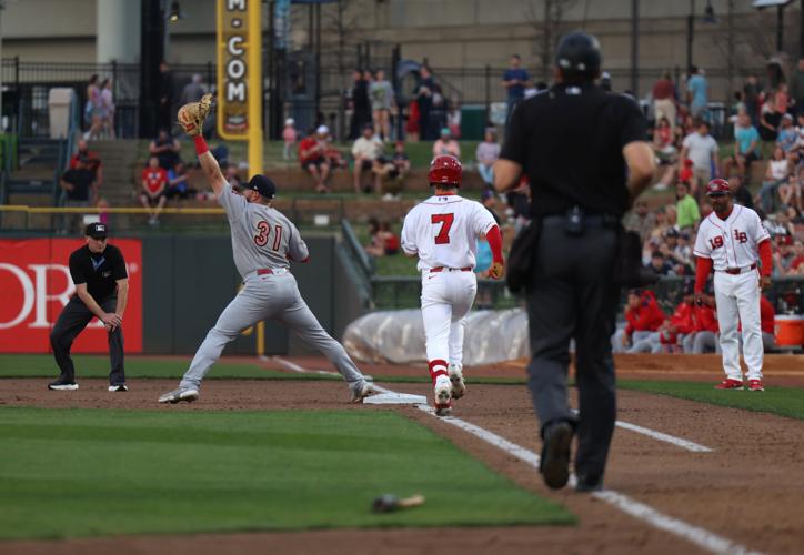 An out at first base - Louisville Bats.JPG