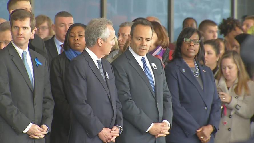 Mayor Greg Fischer and Governor Matt Bevin at funeral for Det. Deidre Mengedoht