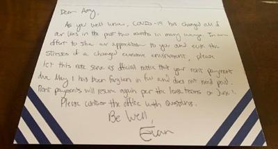 Cards from Indianapolis landlords who forgave May 2020 rent amid COVID-19 pandemic