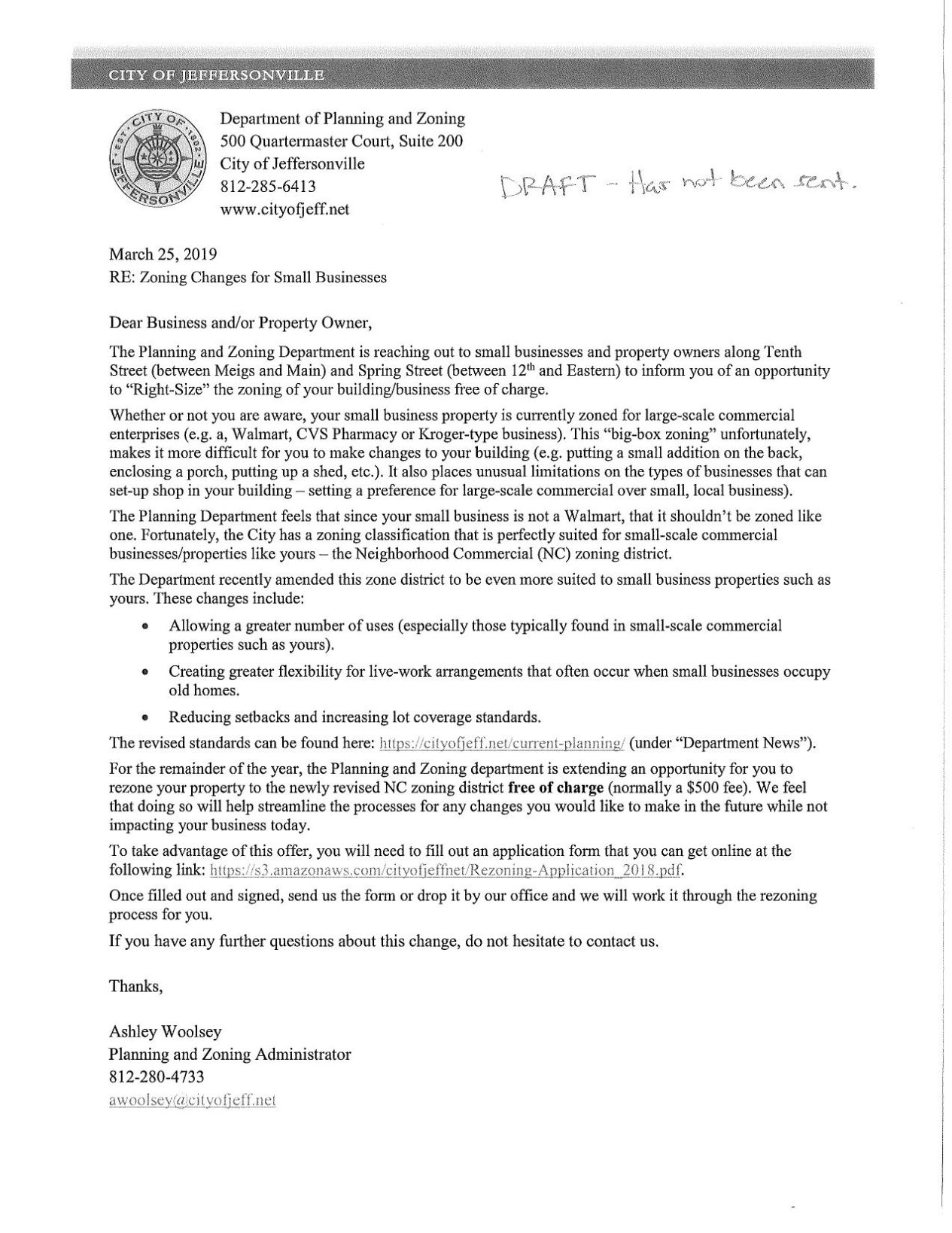 Jeffersonville Planning and Zoning Department Letter