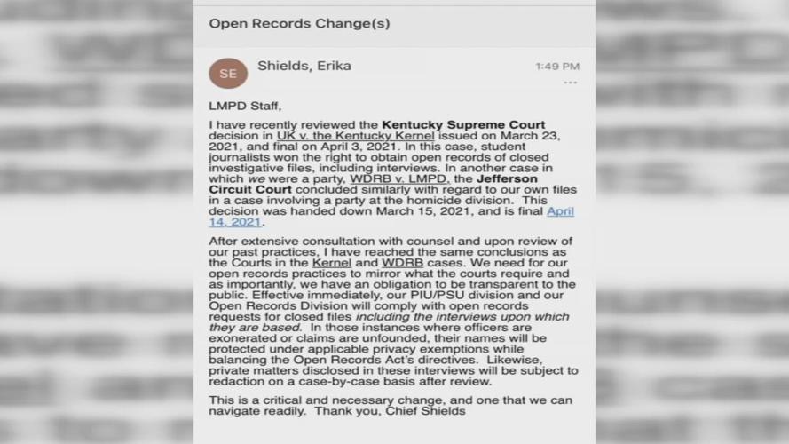 A memo LMPD Chief Erika Shields sent to staff regarding change to open records practices