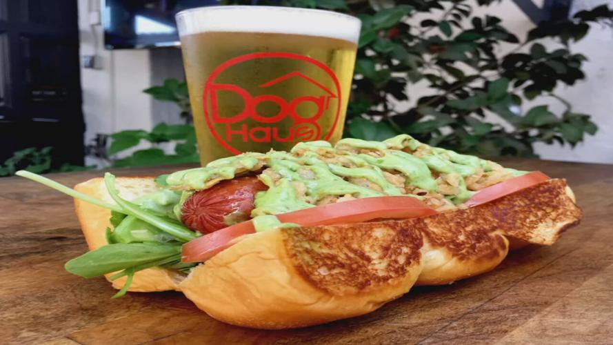 Dog Haus beer and sandwich