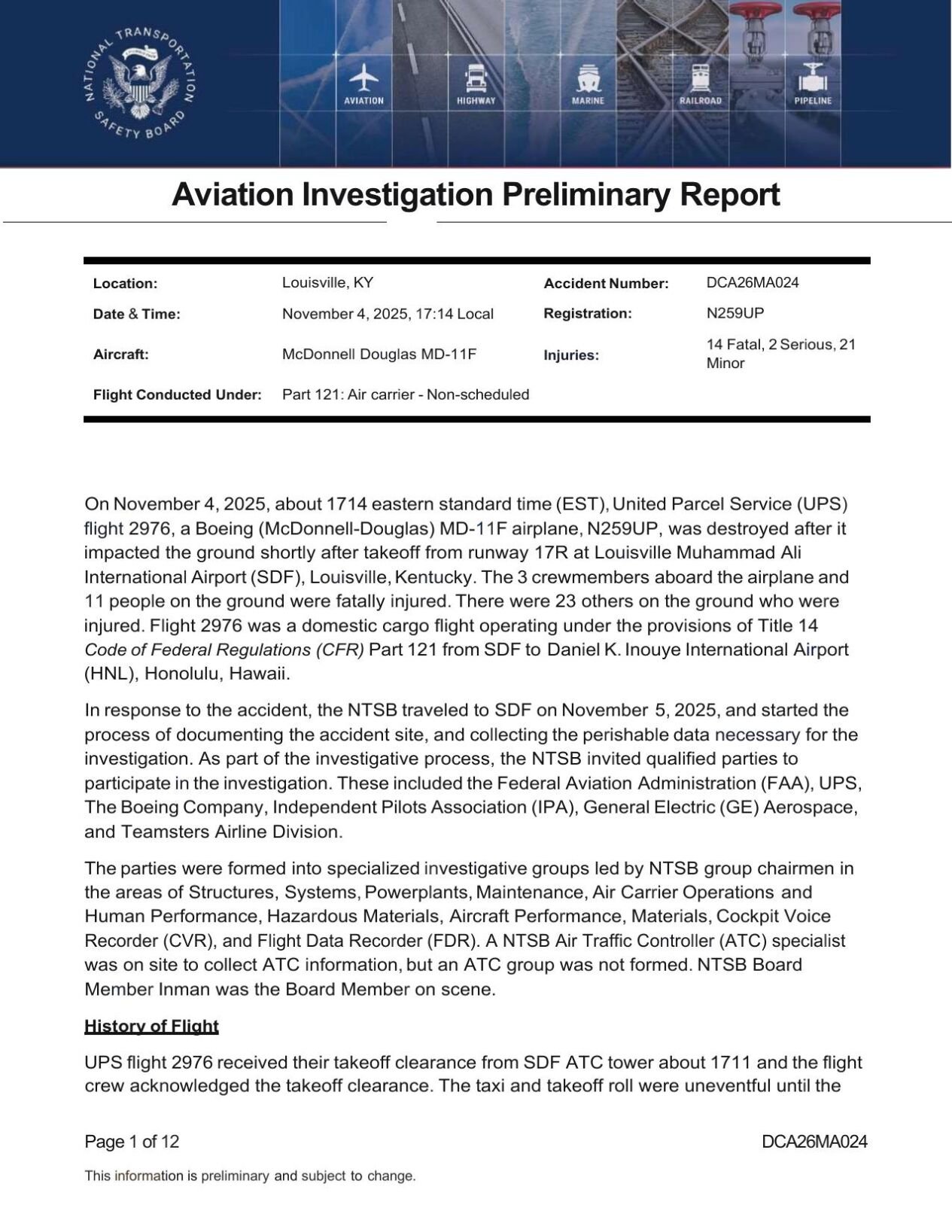 Prelim NTSB report about UPS Crash in Louisville