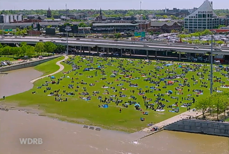 Aerial view of crowds on the Great Lawn for Thunder Over Louisville 2024