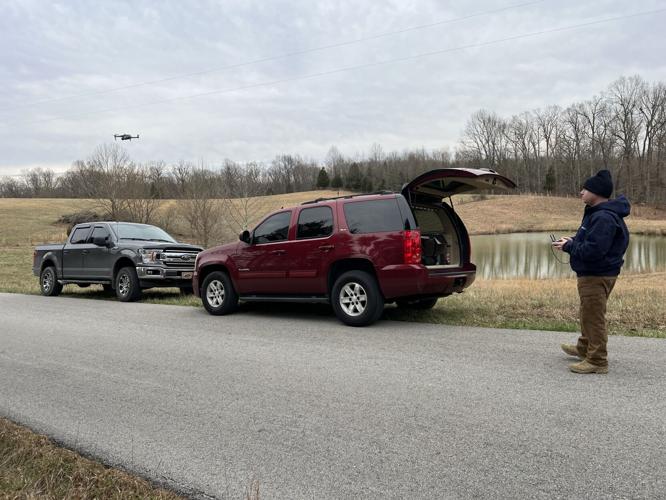 A drone is used during a search for a missing woman in Caneyville, Kentucky