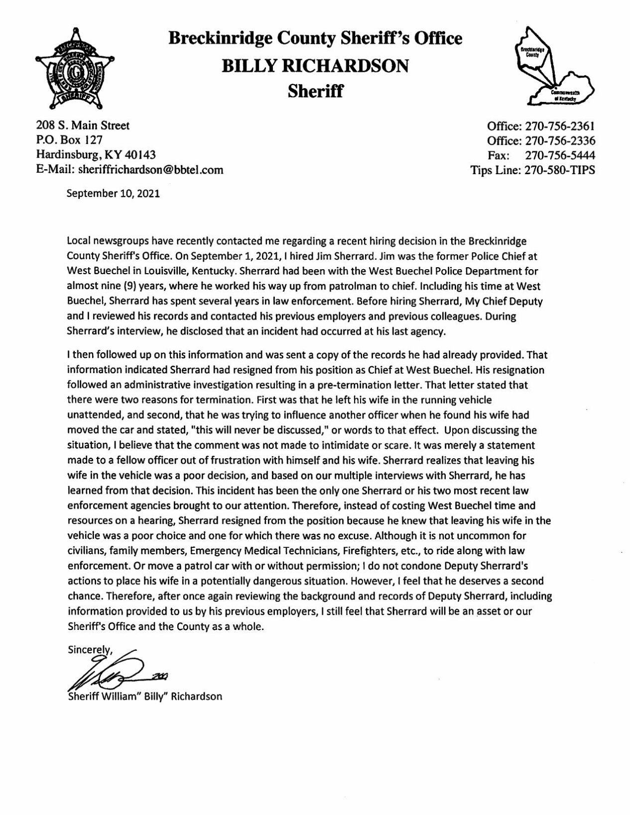 Breckinridge County Sheriff Billy Richardson statement about Jim Sherrard.pdf