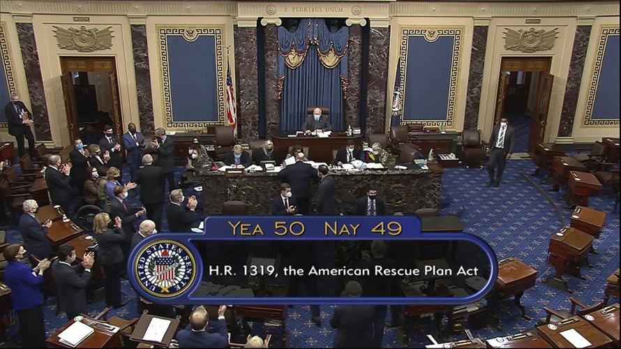 The vote total of 50-49 on Senate passage of the COVID-19 relief bill
