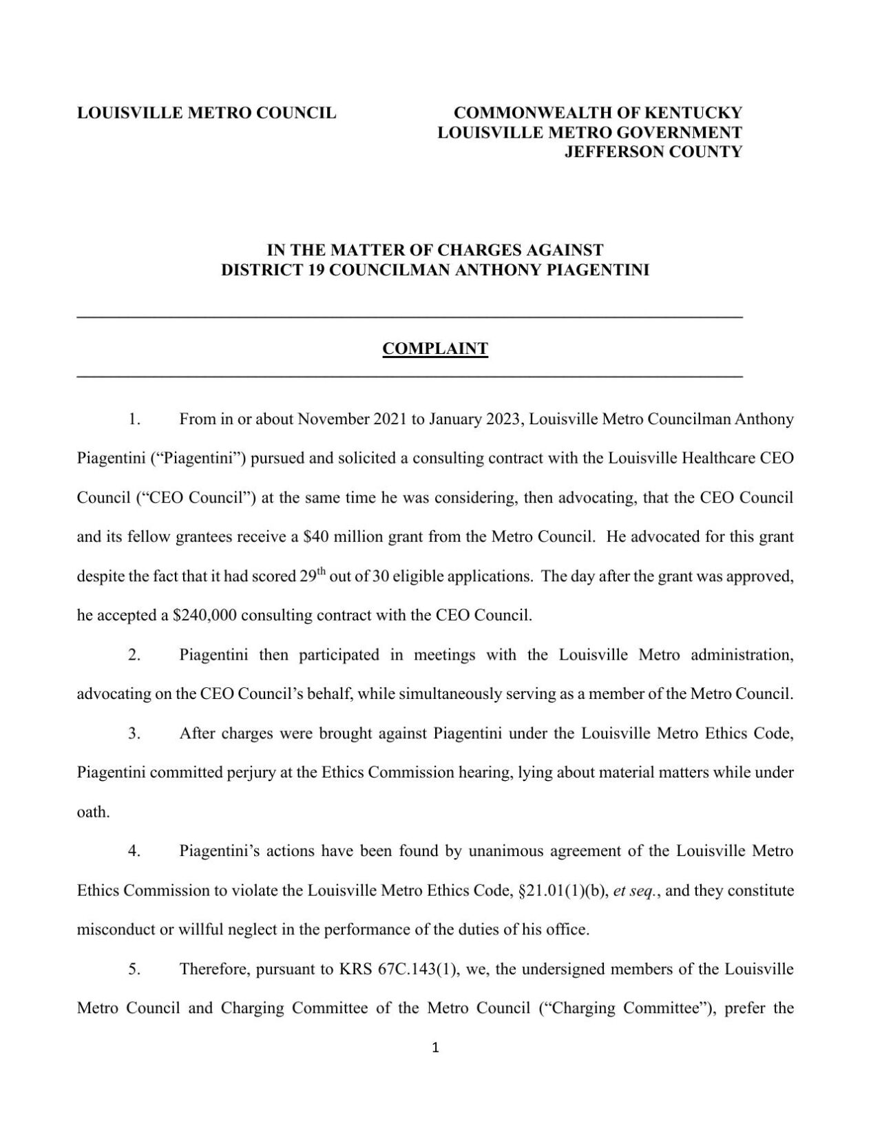 Metro Council Charging Committee - Anthony Piagentini complaint 11-28-23