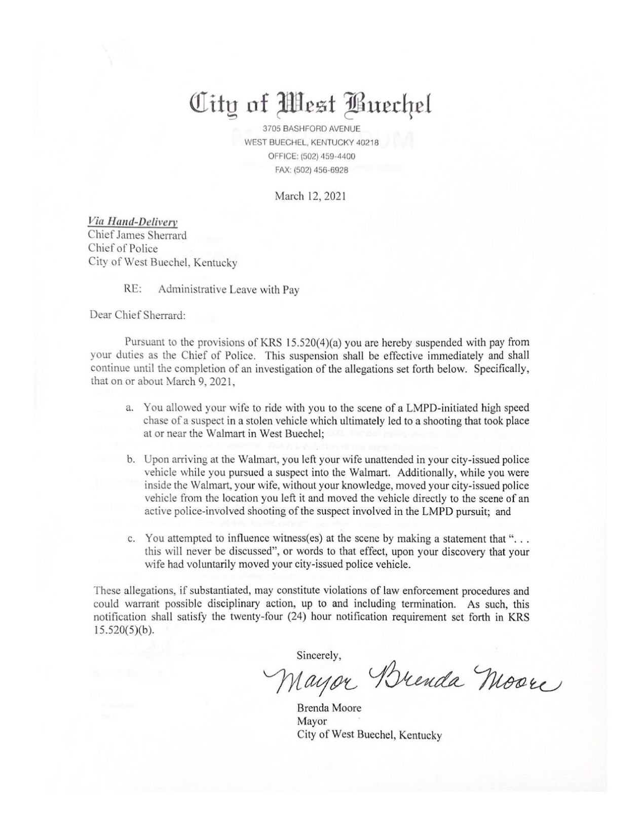 West Buechel letter of suspension for Police Chief James Sherrard