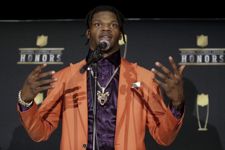 Baltimore Ravens' Lamar Jackson speaks after winning the AP Most Valuable Player award
