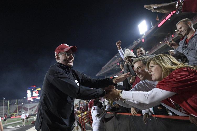 Indiana head coach Tom Allen celebrates with fans
