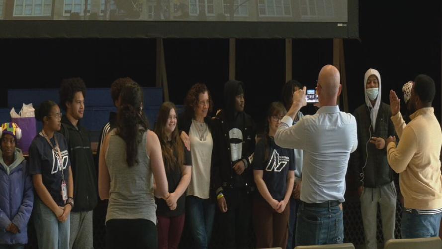 Maggie Harlow poses for photo with Shawnee students