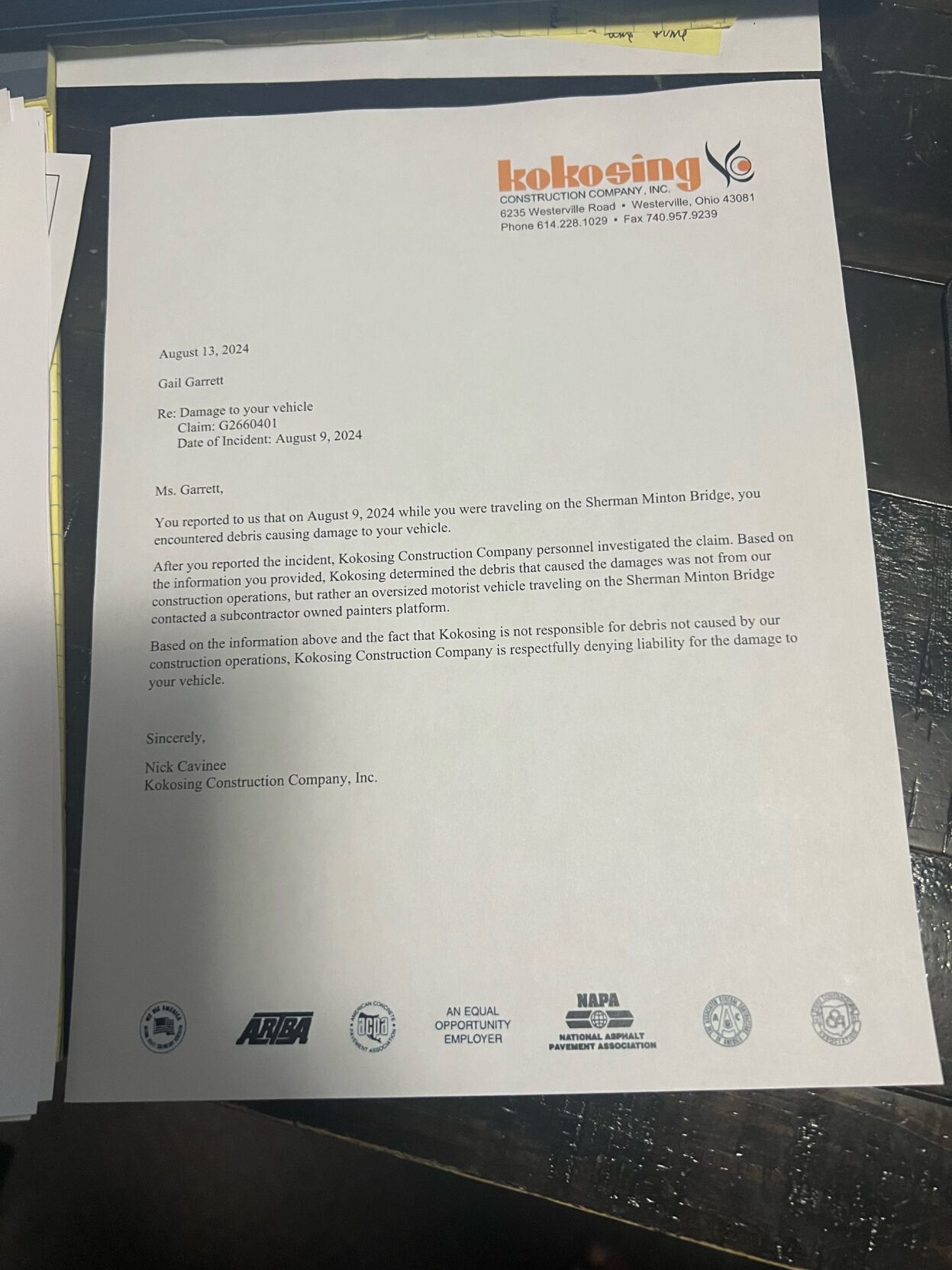 Kokosing Construction Company rebar claim letter
