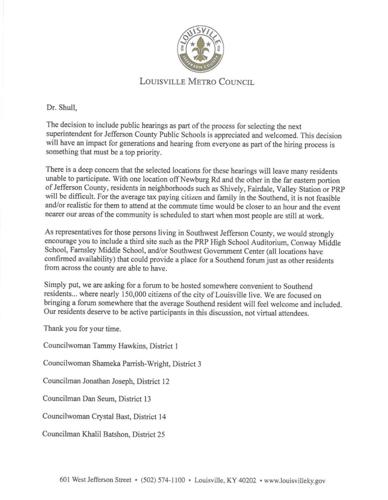 Six Metro Council members sign letter to JCBE asking for 3rd site for super. public Q&As