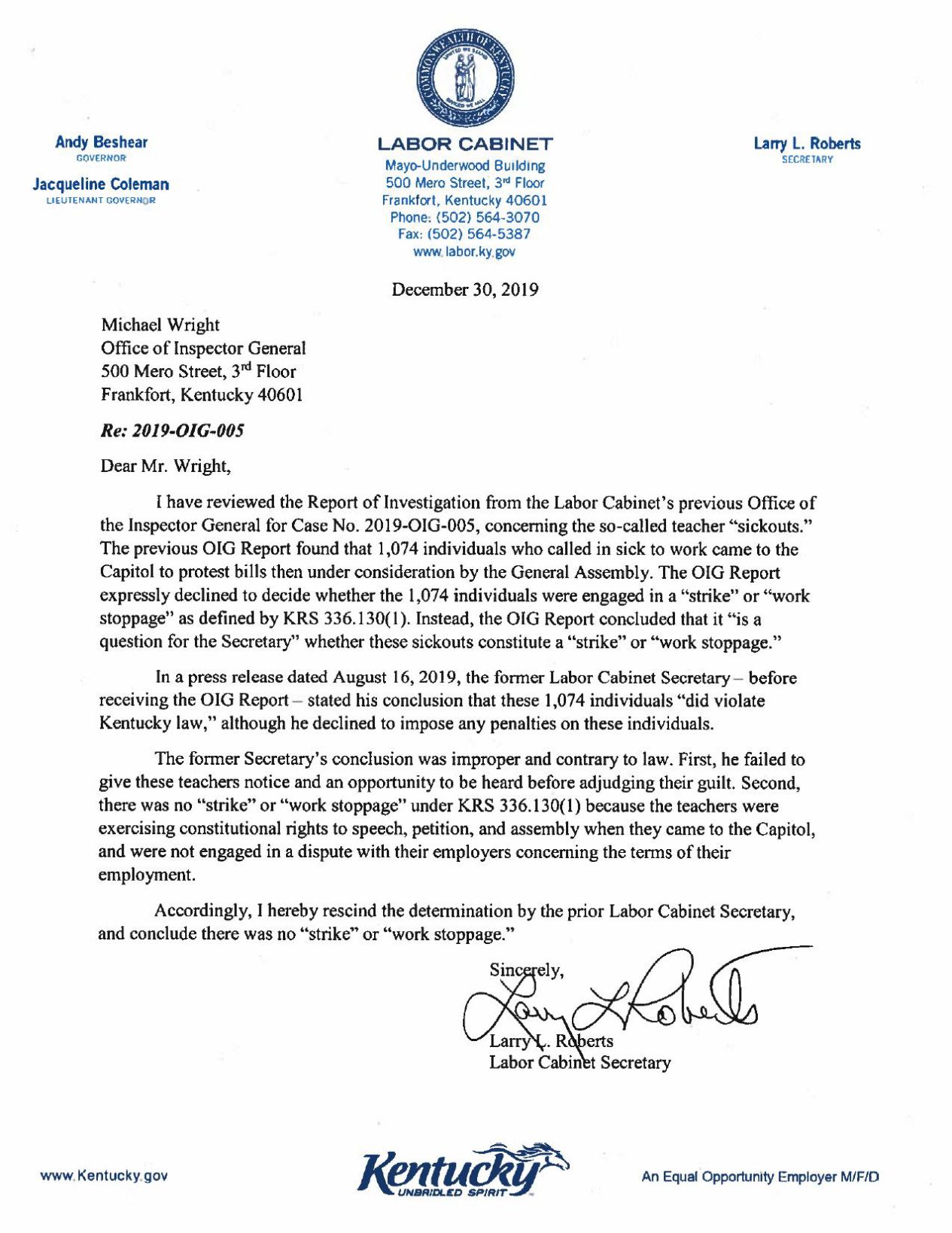 Labor Cabinet Secretary Larry Roberts sick out letter.pdf