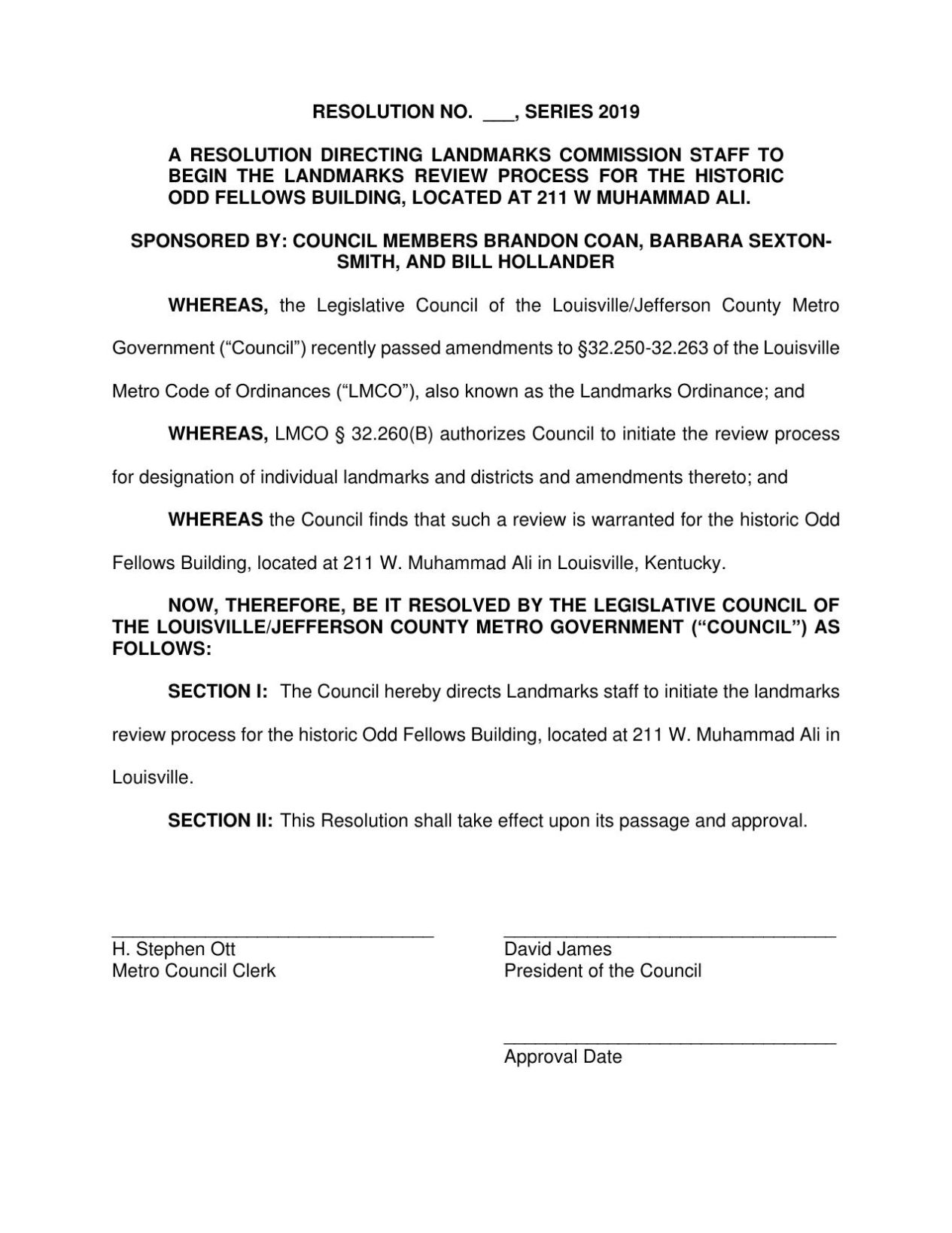 Resolution on Odd Fellows Building