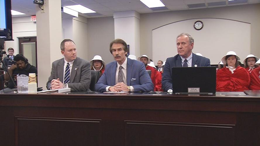 Lawmakers discuss abortion bills with protesters in background