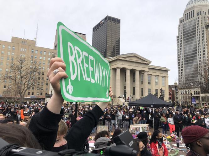 Breewayy sign at rally marking one-year anniversary of Breonna Taylor's death