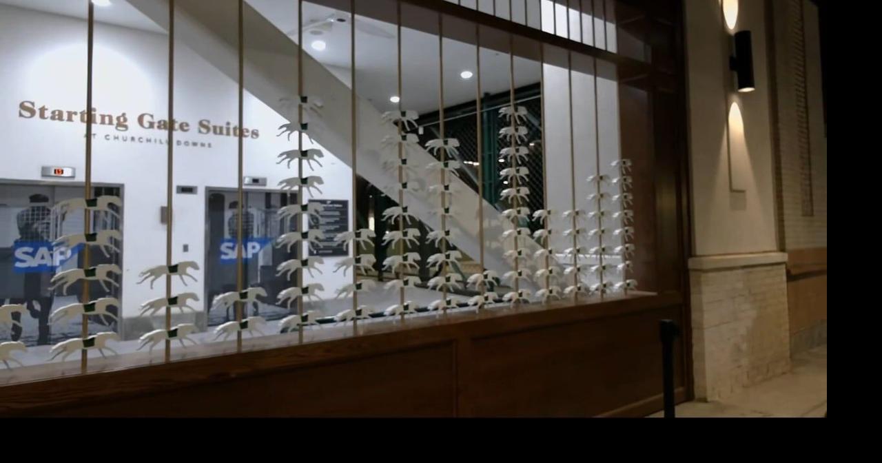 Art installation at Churchill Downs shows post positions of Derby winners