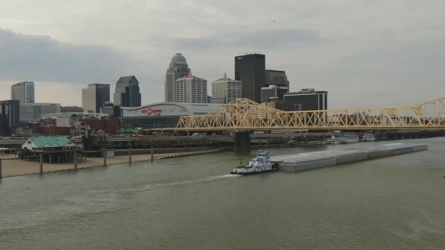 Louisville skyline from Ohio River (drone footage)