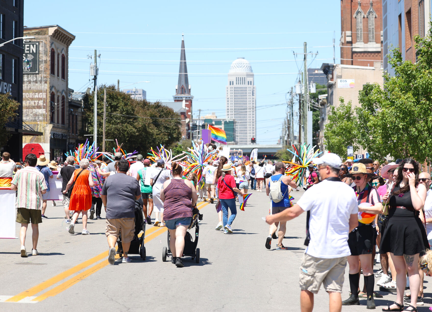 View of downtown Louisville at Kentuckiana Pride Parade