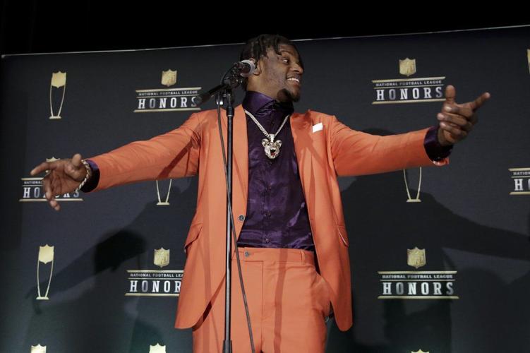Baltimore Ravens' Lamar Jackson speaks after winning the AP Most Valuable Player award