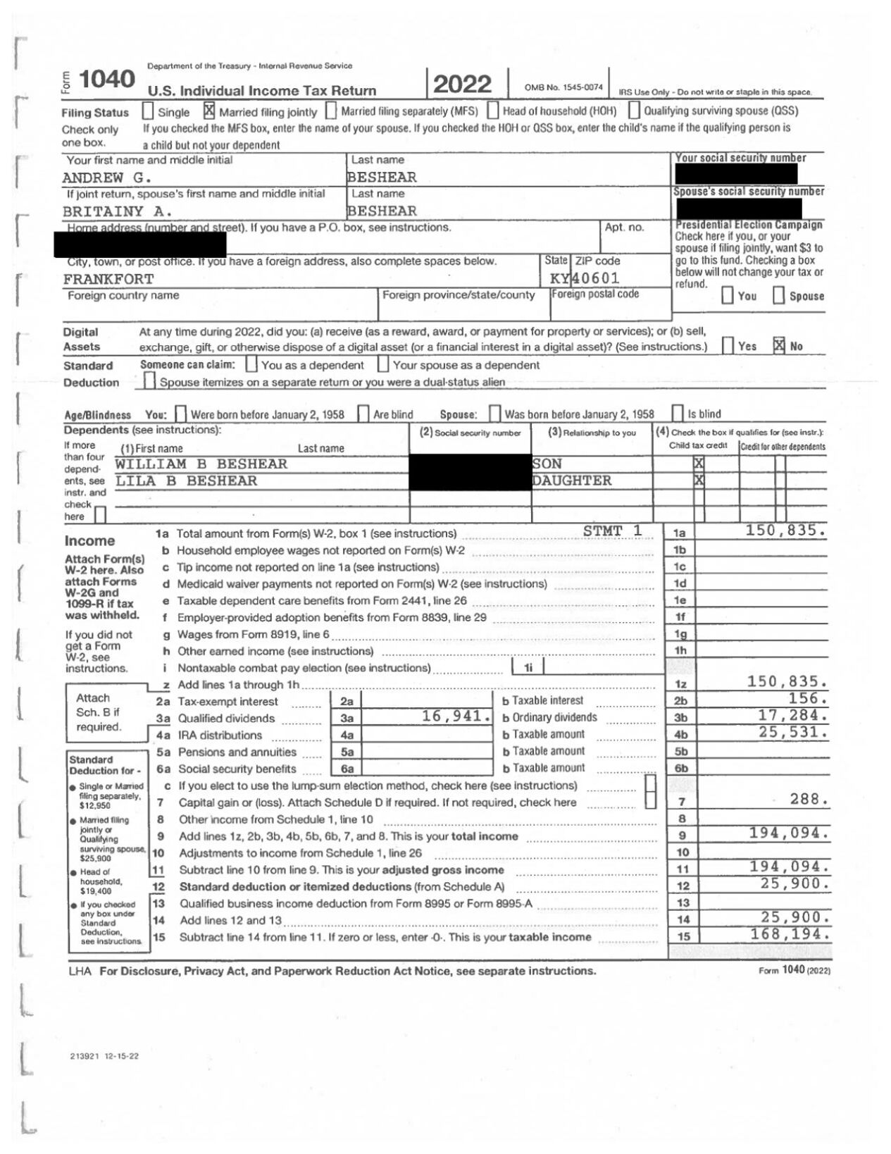 Gov. Andy Beshear 2022 Tax Return