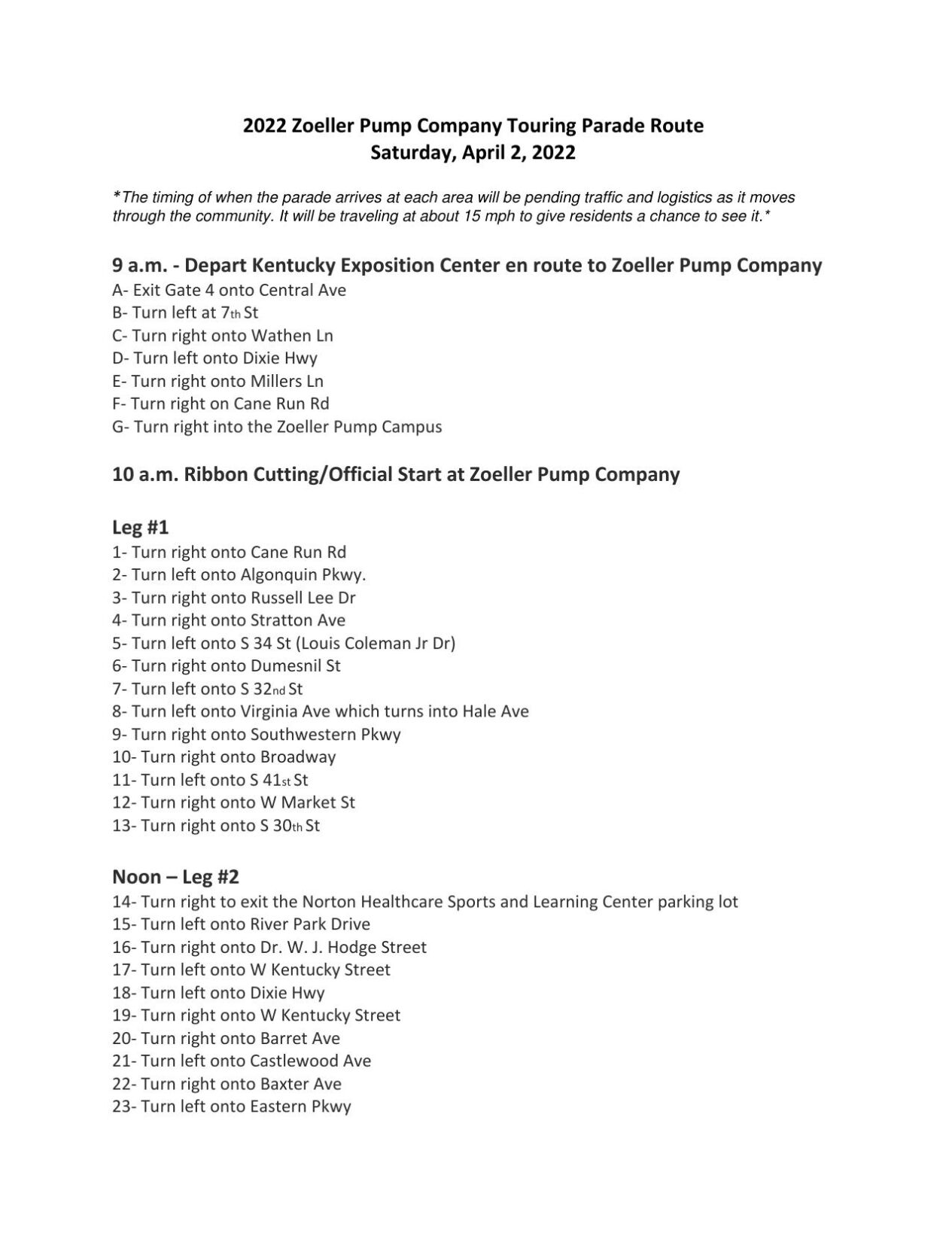 The 2022 Zoeller Pump Company Touring Parade Route