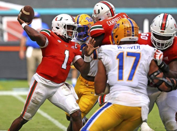 Miami quarterback D'Eriq King (1) passes