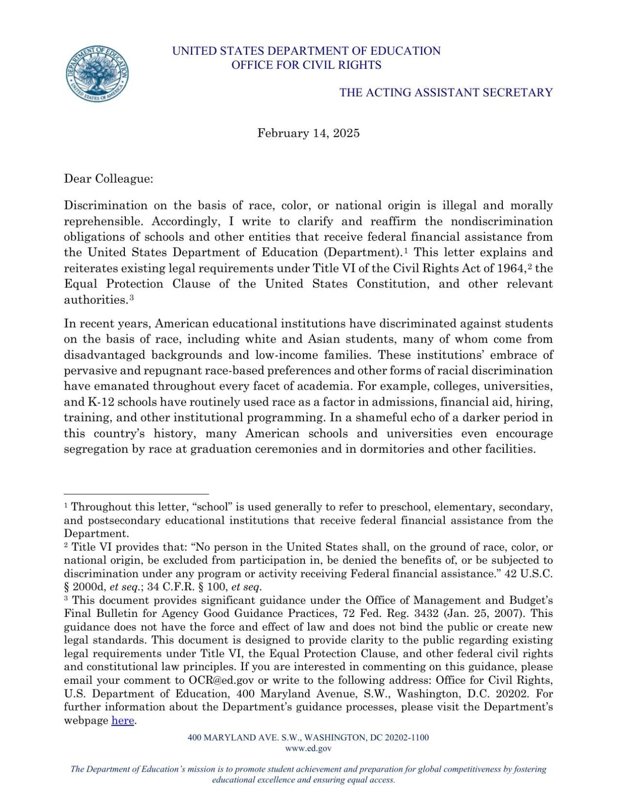 DEI programming memo from US Department of Education to JCPS