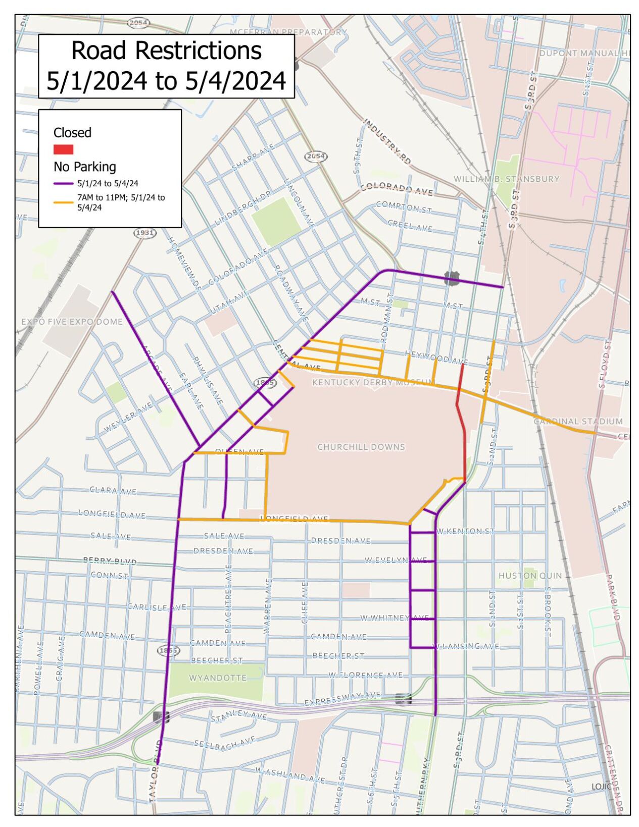 LMPD 2024 Oaks and Derby street closures and no parking zones