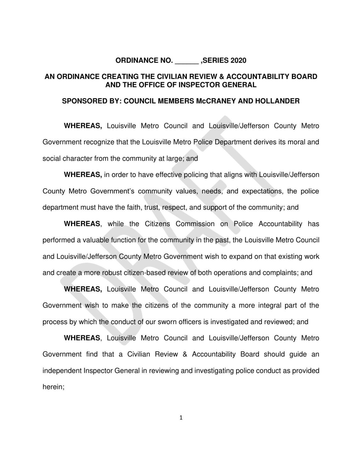CIVILIAN REVIEW AND ACCOUNTABILITY BOARD DRAFT ORDINANCE