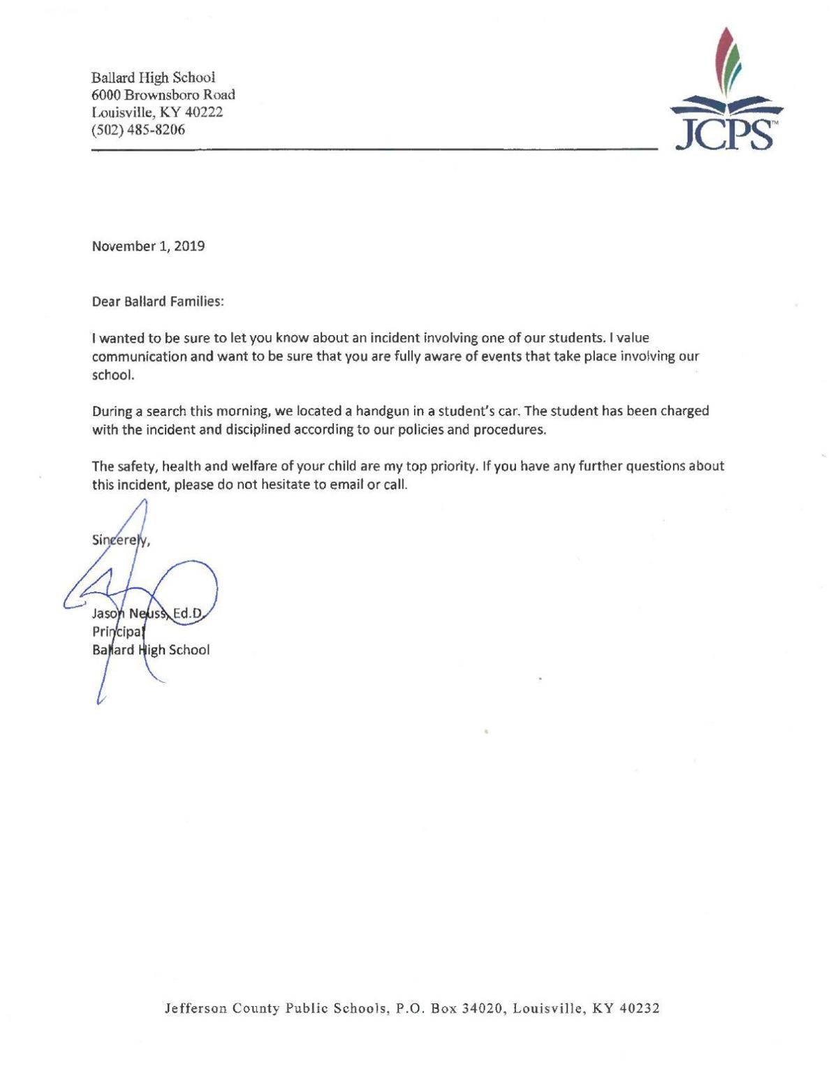 Ballard H S Letter To Parents About Gun On Campus Wdrb Com