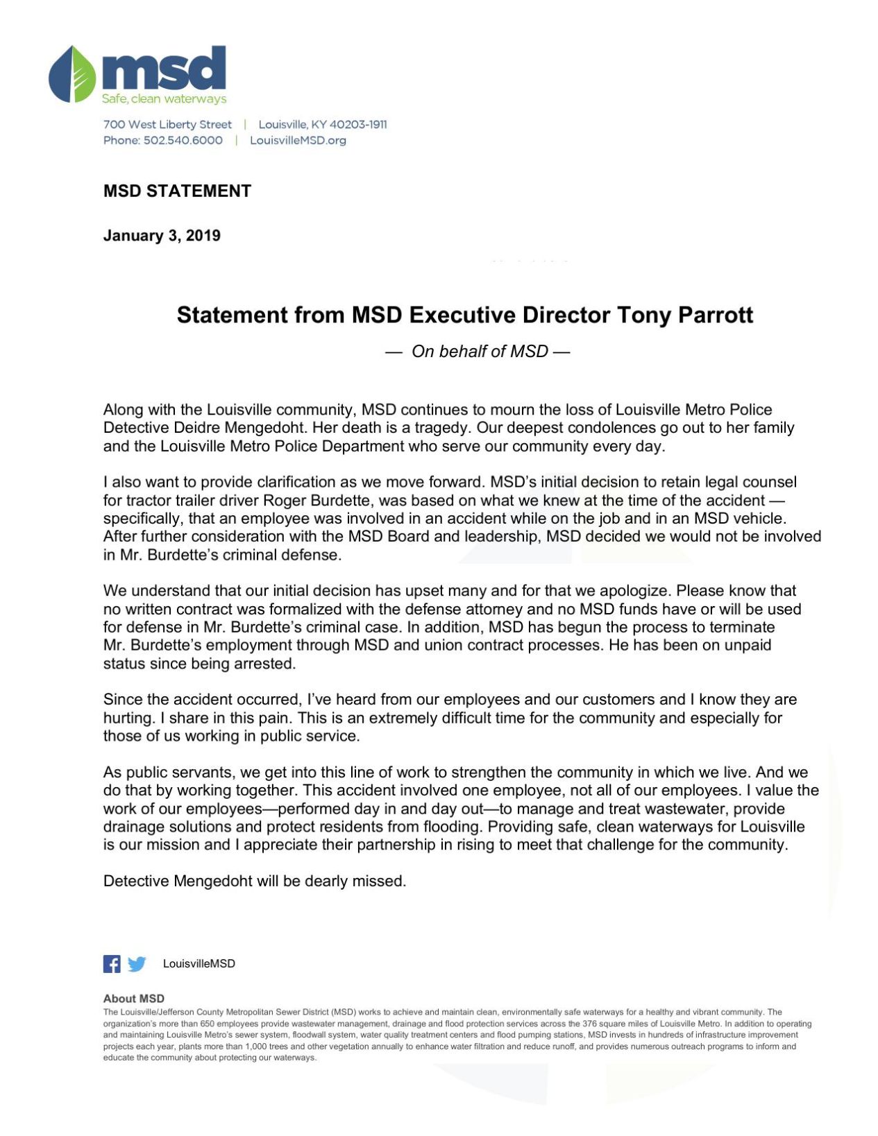 Statement from MSD Exec. Dir. Tony Parrott