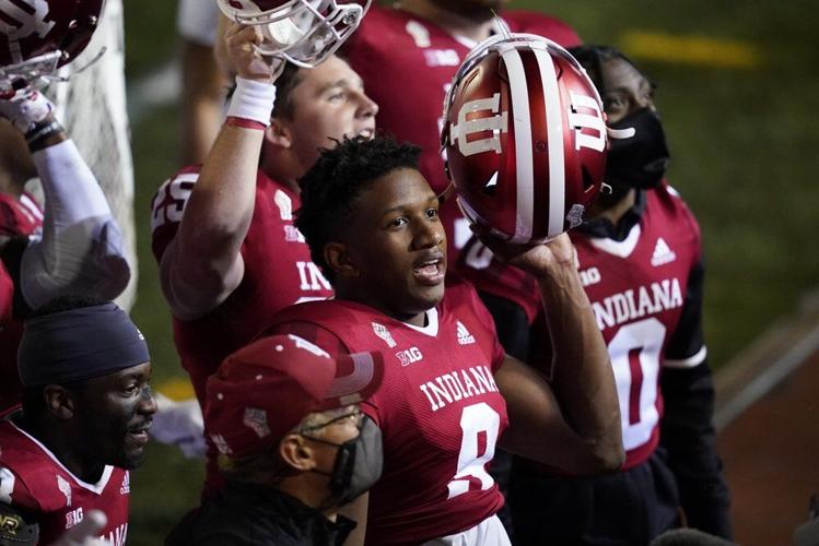 Indiana quarterback Michael Penix Jr. (9) celebrates after Indiana defeated Penn State