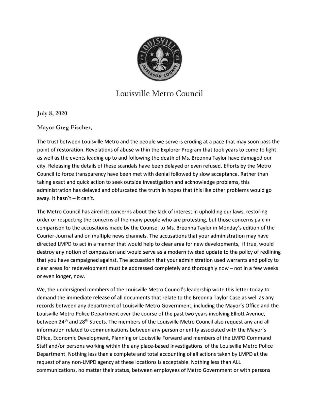 Metro Council letter to Mayor Fischer about transparency