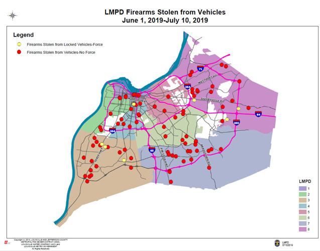 LMPD map showing gun theft from vehicles from June 1, 2019 to July 10, 2019