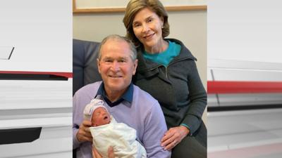 Former President George W. Bush and wife Laura with new granddaughter Cora Coyne