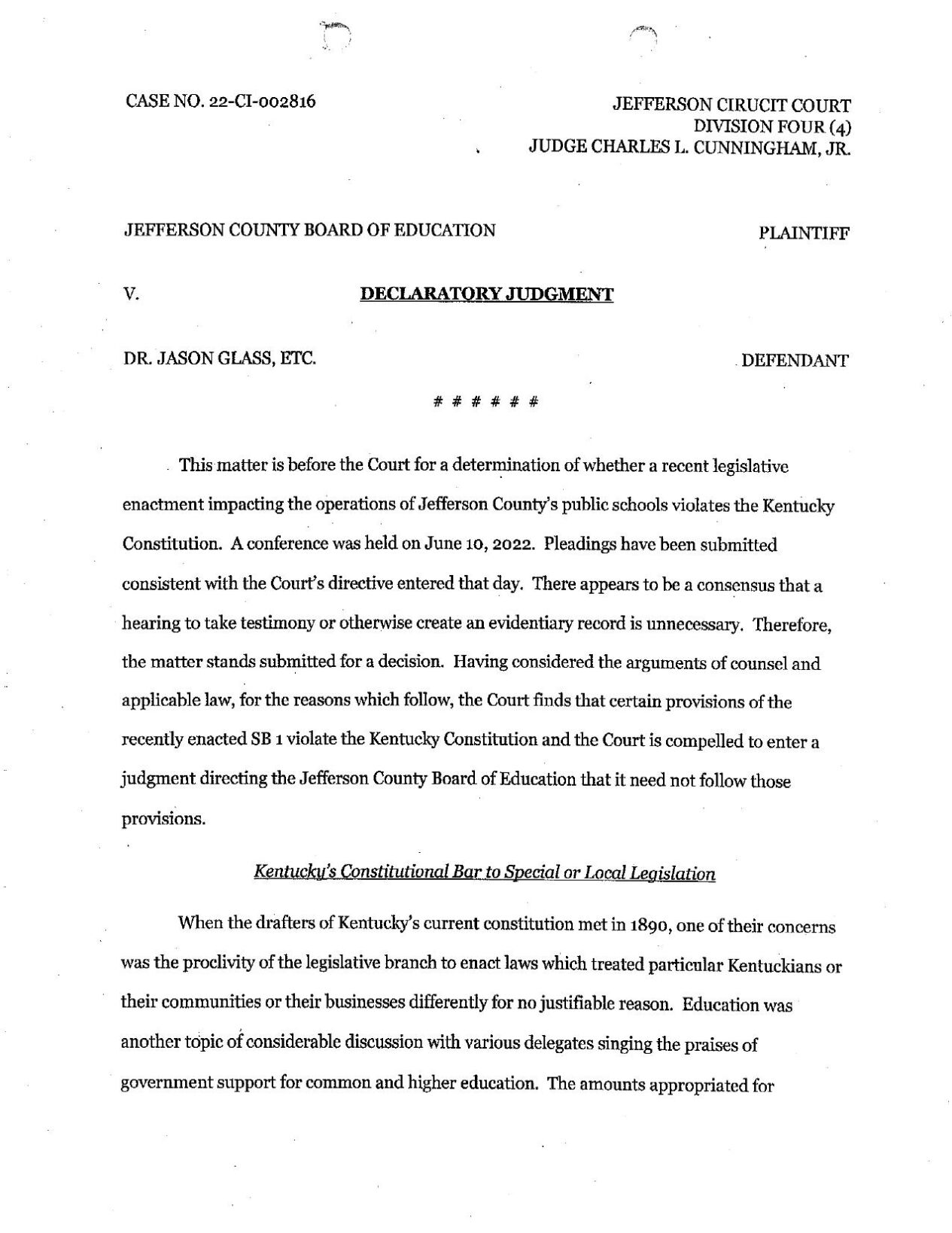 JCPS Board Lawsuit Declaratory Judgment