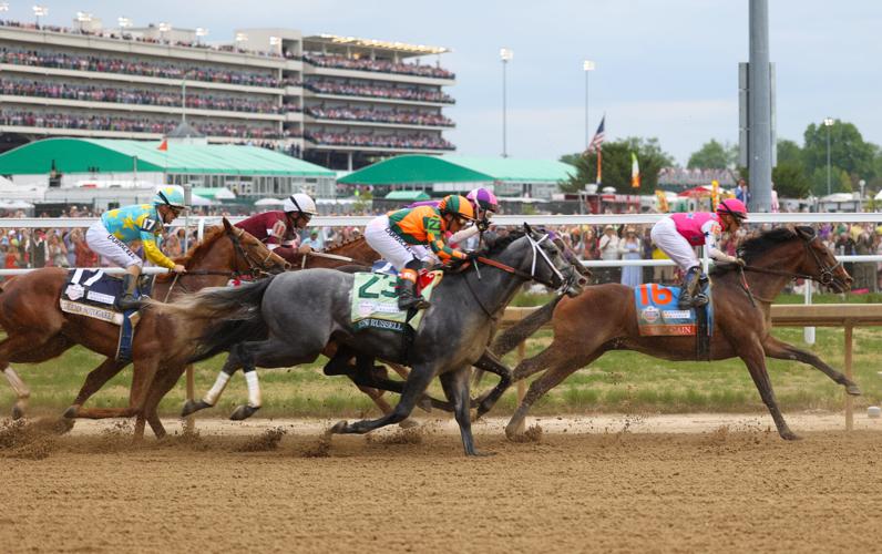 Horses with Churchill Downs in backdrop.JPG
