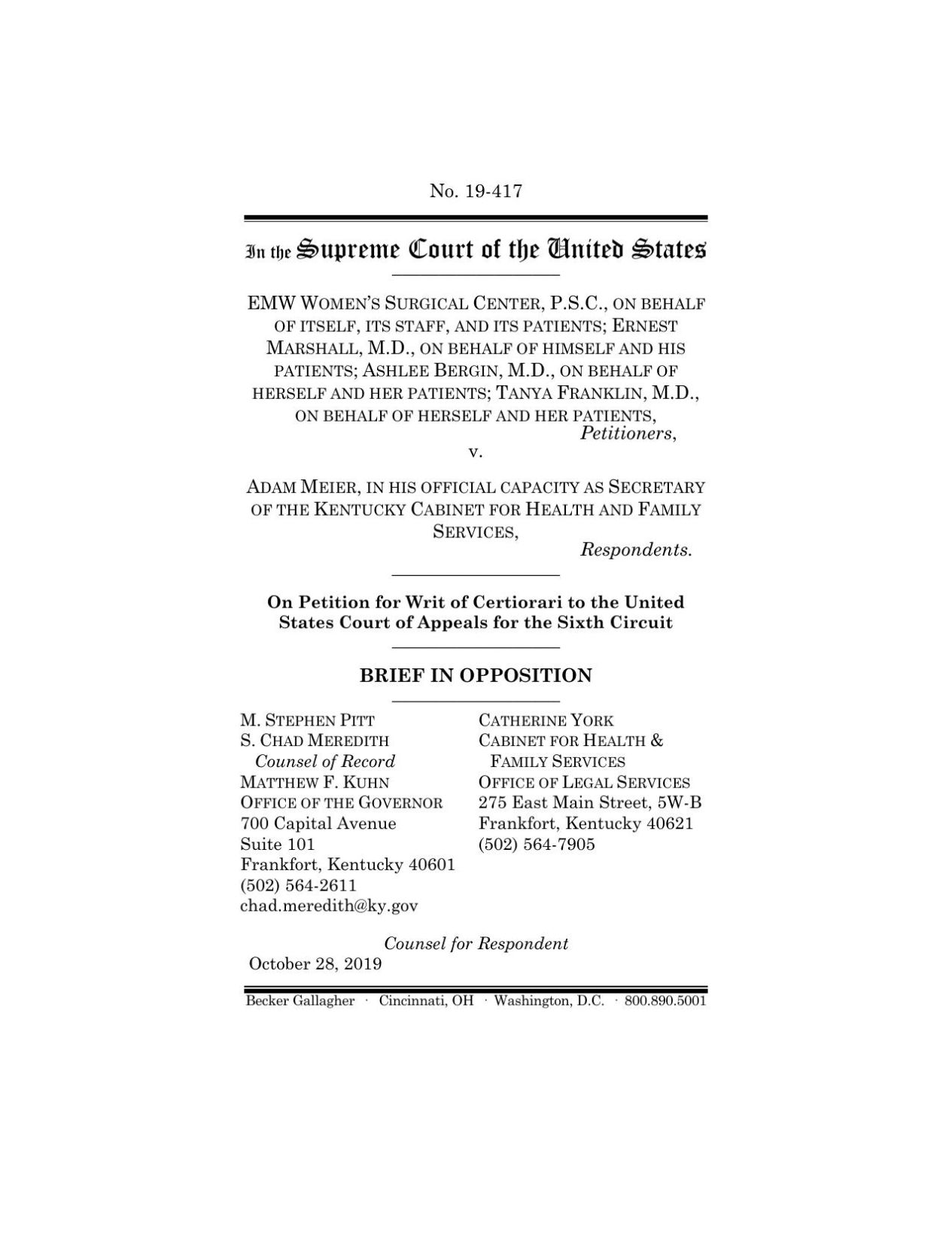 Bevin Administration brief to US Supreme Court over abortion informed consent law