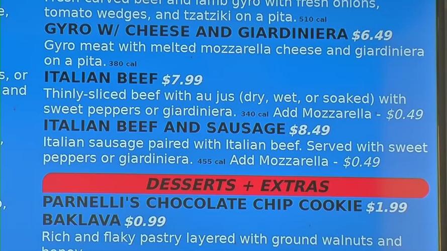 Menu from Parnelli's Chicago Eatery in Jeffersonville, Indiana