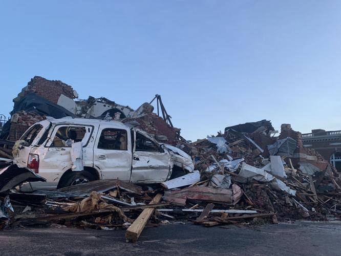 Severe storm damage in Mayfield, Kentucky on Dec. 11, 2021