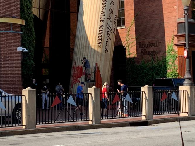 Giant bat at The Louisville Slugger Museum and Factory vandalized with red paint on Sept. 7, 2020
