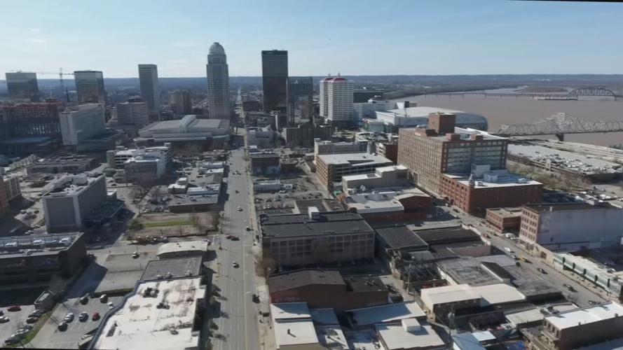 Louisville skyline drone - Market Street