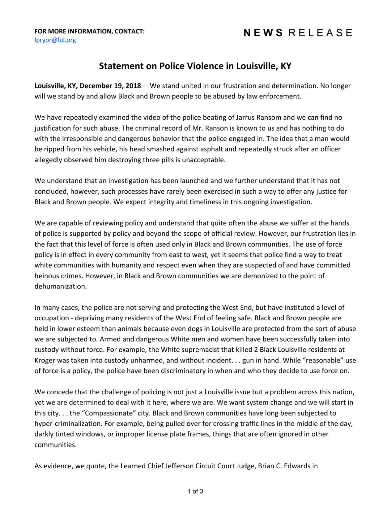 Louisville Urban League 12-19-18 Statement