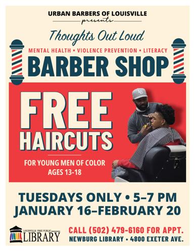 Free Haircuts poster - Thoughts out loud -@ Library Jan/Feb 2024
